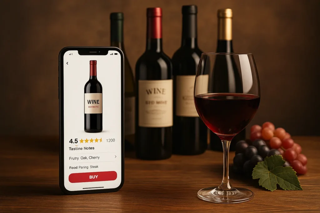 Wine app on smartphone showing bottle details beside wine glass and bottles on wooden table