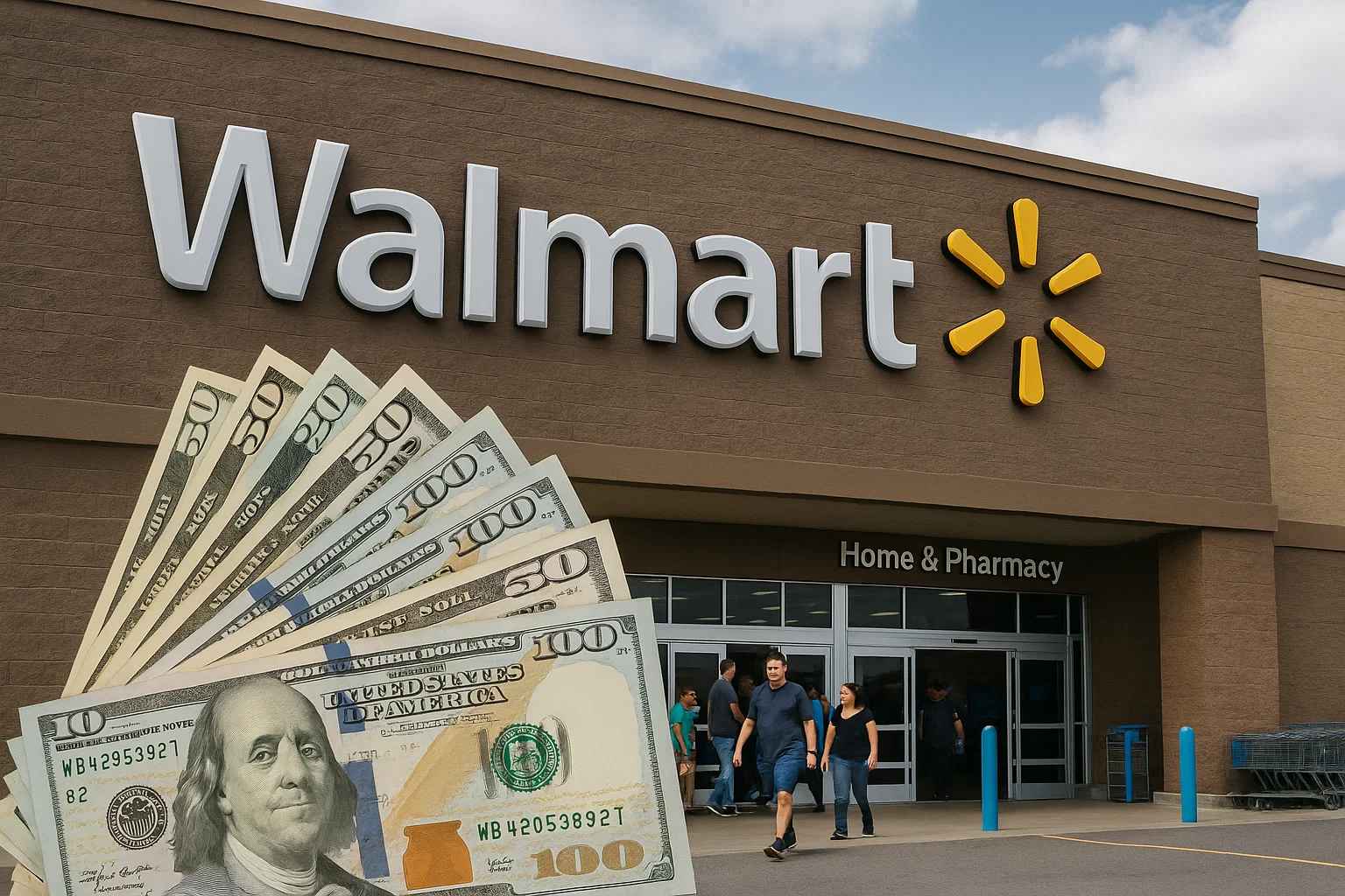 Walmart store exterior with a fan of US dollar bills symbolizing earnings and retail revenue.