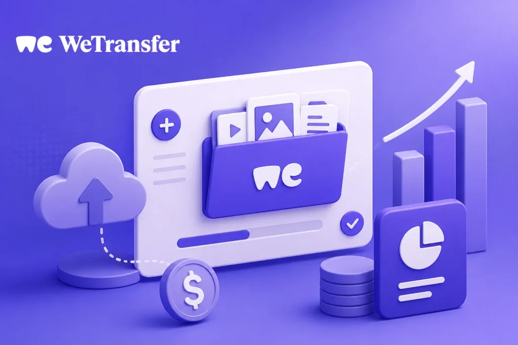WeTransfer file sharing platform illustration with cloud upload, digital folder, and revenue growth chart