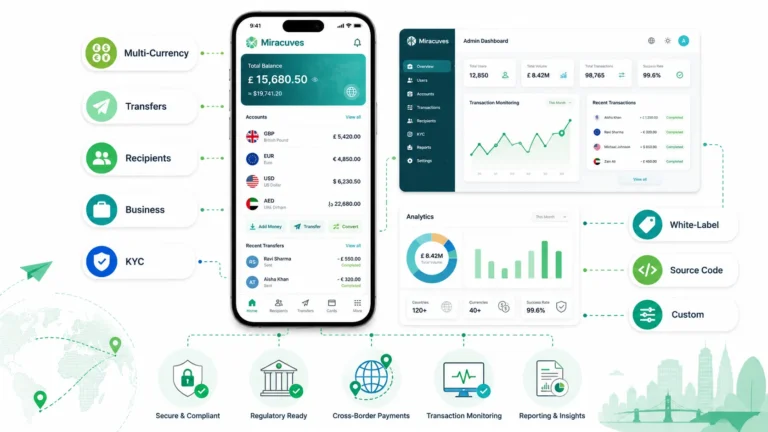Wise clone app development visual showing multi-currency wallet, transfers, recipients, business accounts, KYC, admin dashboard, transaction monitoring, reporting insights, white-label branding, source code, and cross-border payments
