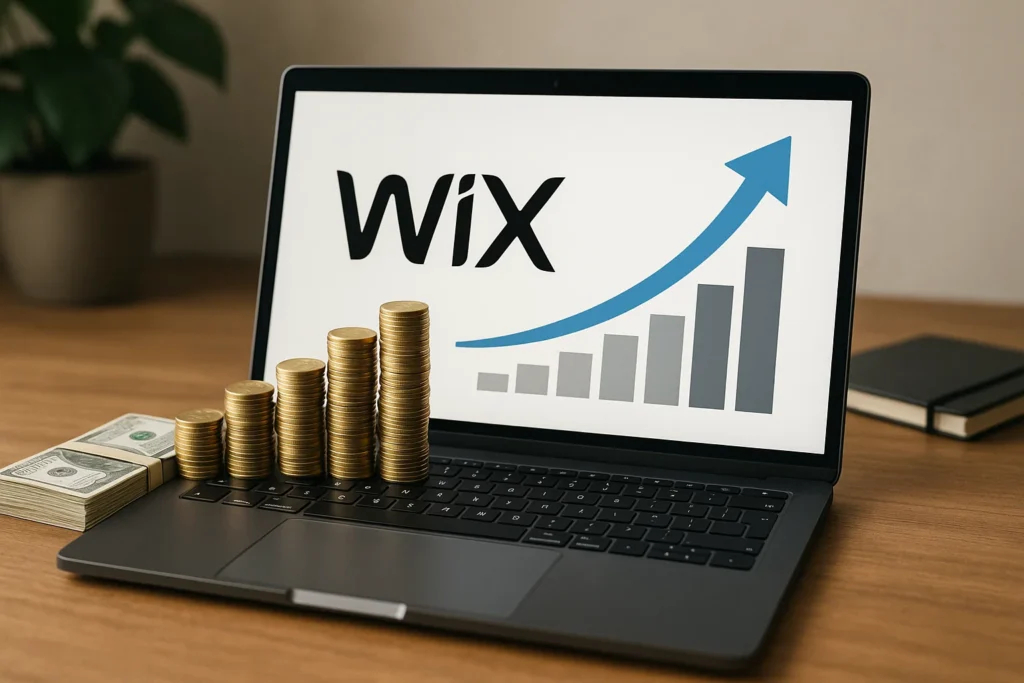 "Wix logo on laptop screen with stacked coins and rising graph showing online website builder revenue growth"