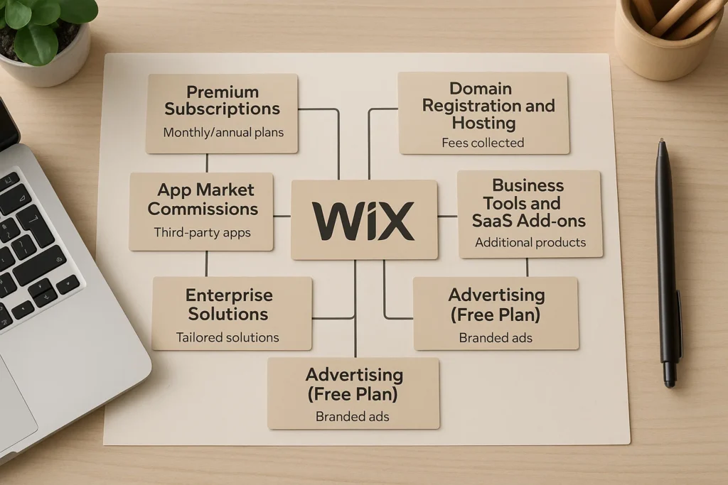 "Visual chart showing Wix revenue model including premium subscriptions, domain hosting, advertising, app market, and enterprise solutions"