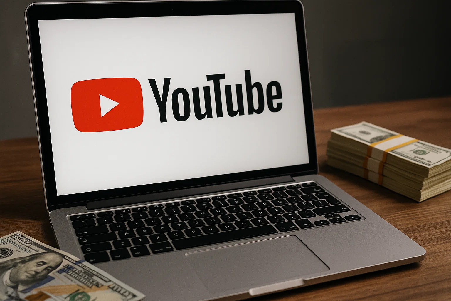 "Open laptop displaying YouTube logo with bundles of US dollar bills symbolizing revenue generation"