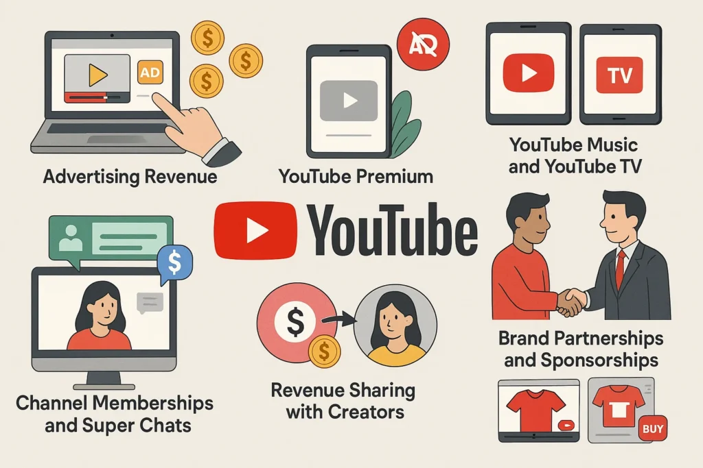 "Visual representation of YouTube's revenue model including advertising revenue, YouTube Premium, channel memberships, merch sales, brand partnerships, and revenue sharing with creators"


