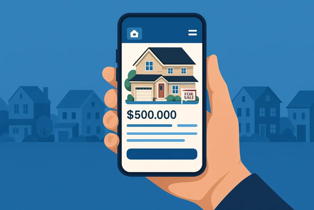 Smartphone showing Zillow-style property listing with house price and for sale sign