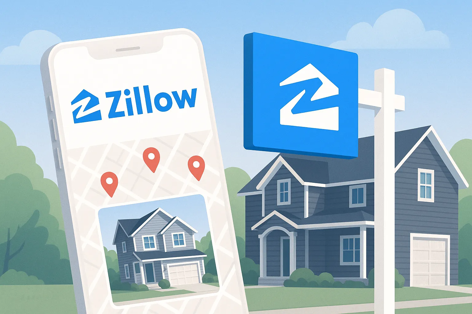 Business Model of Zillow Smartphone showing real estate app with house listing and for sale sign