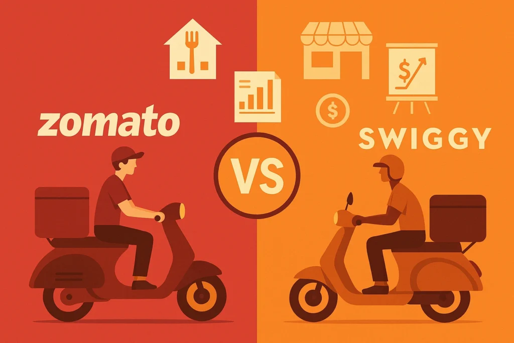 "Illustration of Zomato and Swiggy delivery riders showcasing business model comparison"