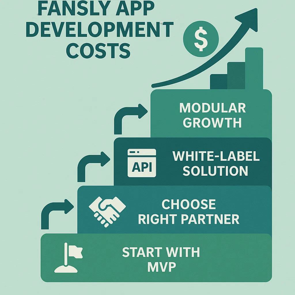 Infographic showing strategies to optimize Fansly app development costs such as MVP launch, white-label solutions, API use, and modular architecture.