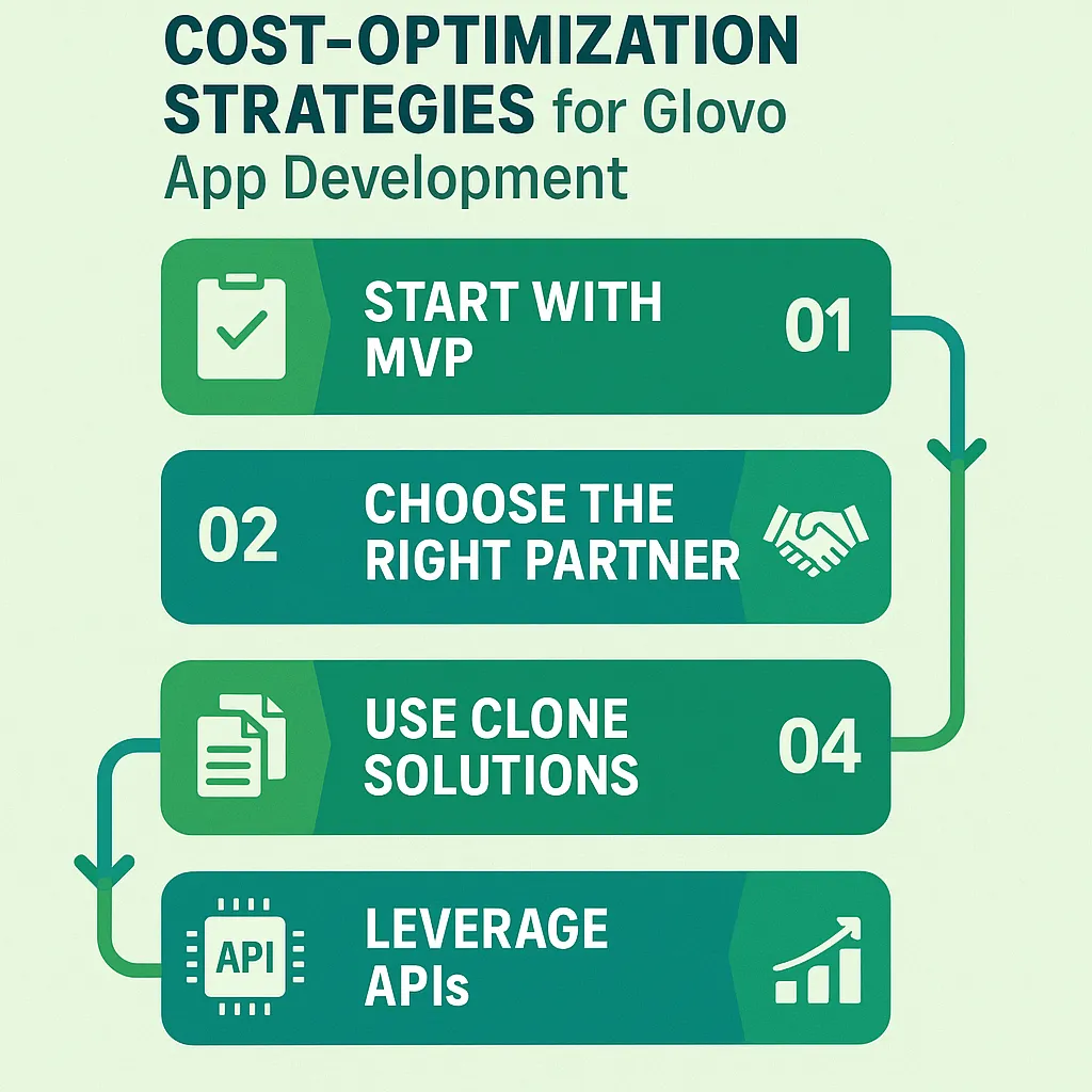 Infographic showing five strategies to reduce Glovo app development costs, including MVP launch, clone solutions, and modular growth planning.