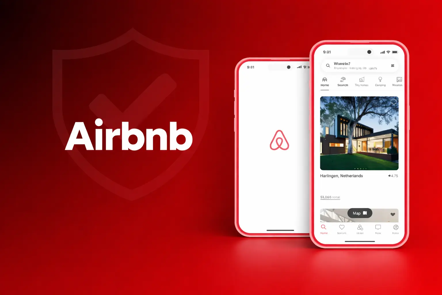 Airbnb app interface with safety shield icon on red background 2400x1440