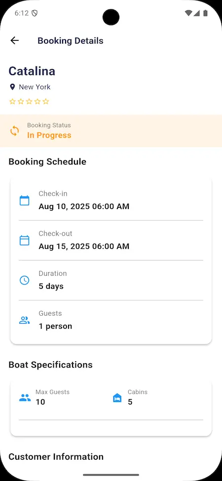 Yacht booking details screen on Dream Yacht Charter Clone App showing schedule and guest information.
