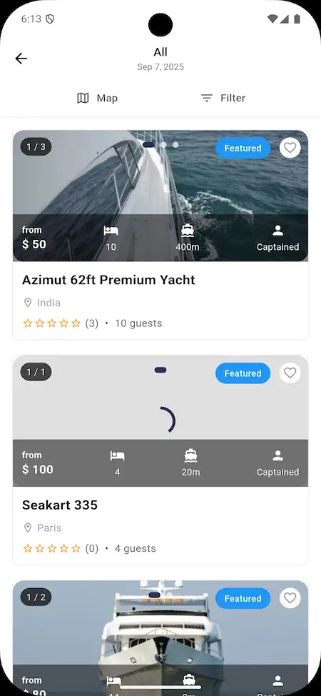 Yacht catalog page on Dream Yacht Charter Clone App showing multiple yachts with pricing and ratings.