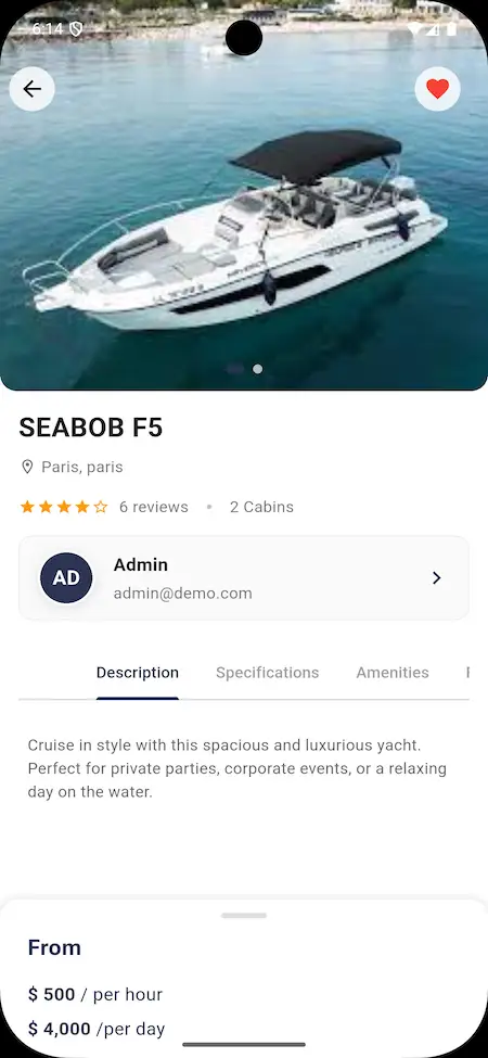 Yacht details page on Dream Yacht Charter Clone App showing SEABOB F5 with pricing and specifications.
