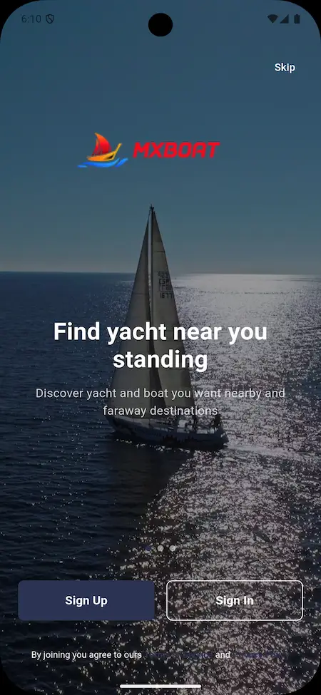 Mobile app screen with “Find yacht near you” feature for yacht rentals.