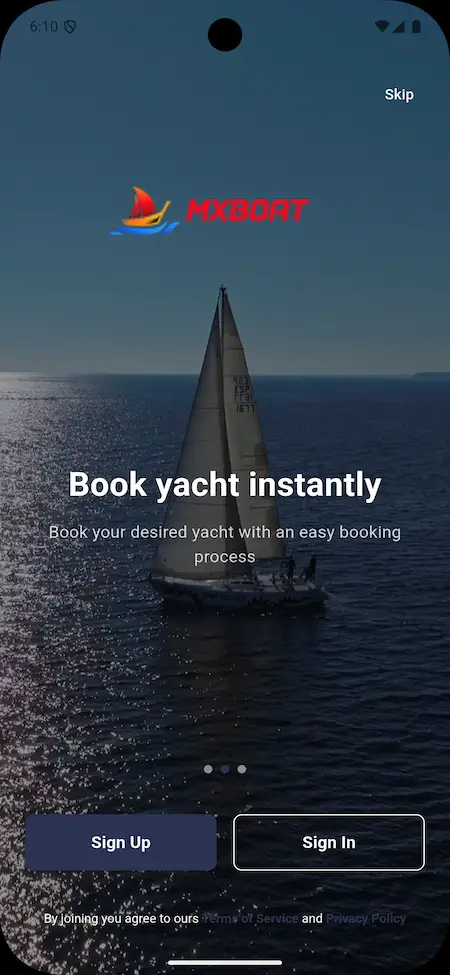 Yacht booking mobile app screen showing “Book yacht instantly” feature.