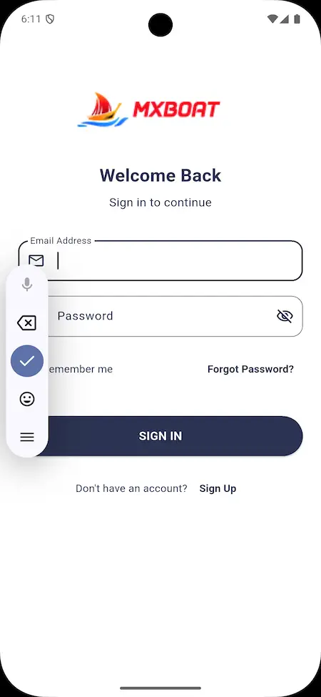 Dream Yacht Charter clone app login and signup screen.
