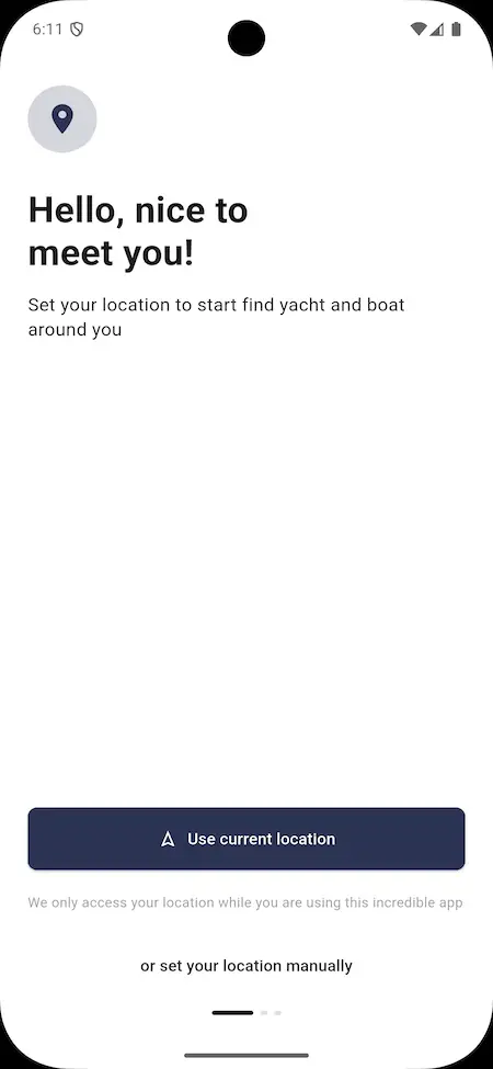 Dream Yacht Charter clone app location access screen.