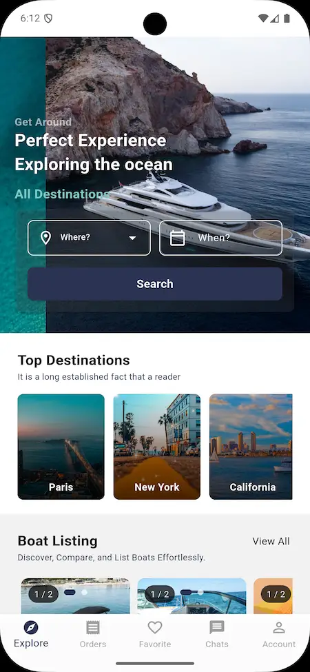 Dream Yacht Charter clone app home screen with yacht search and top destinations.