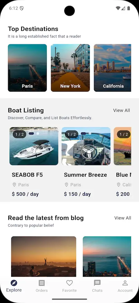 Dream Yacht Charter Clone app showing top destinations and boat listings