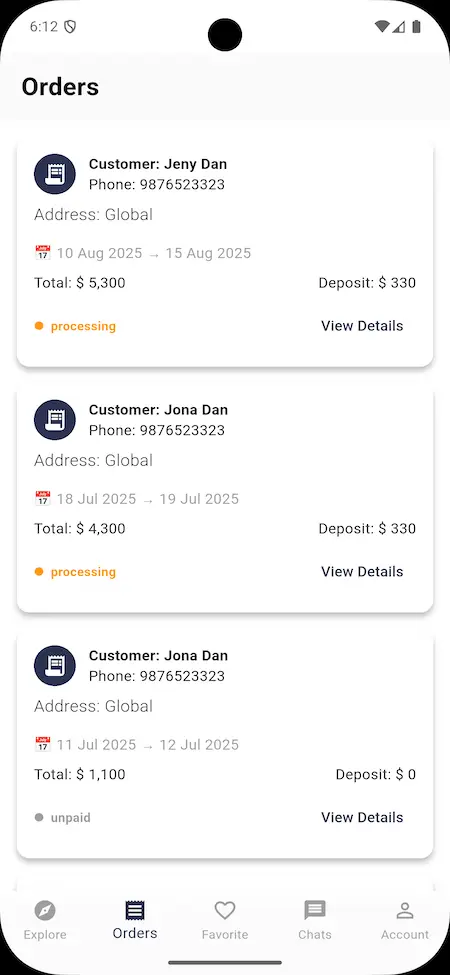 Dream Yacht Charter Clone orders screen showing customer bookings and status updates