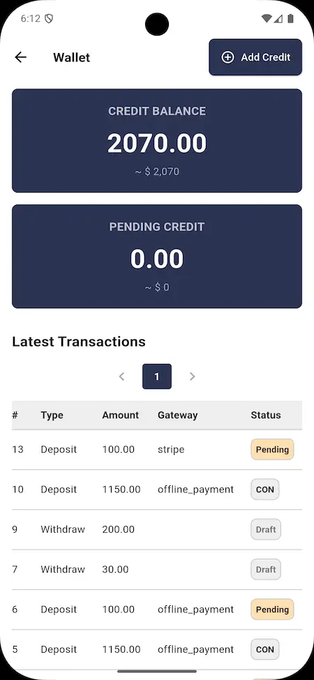 Dream Yacht Charter Clone wallet screen showing credit balance and latest transactions