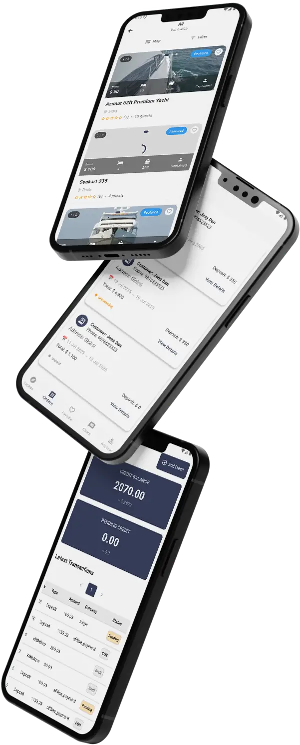 Dream Yacht Charter Clone App interface showcasing yacht booking, rental management, and destination search features.