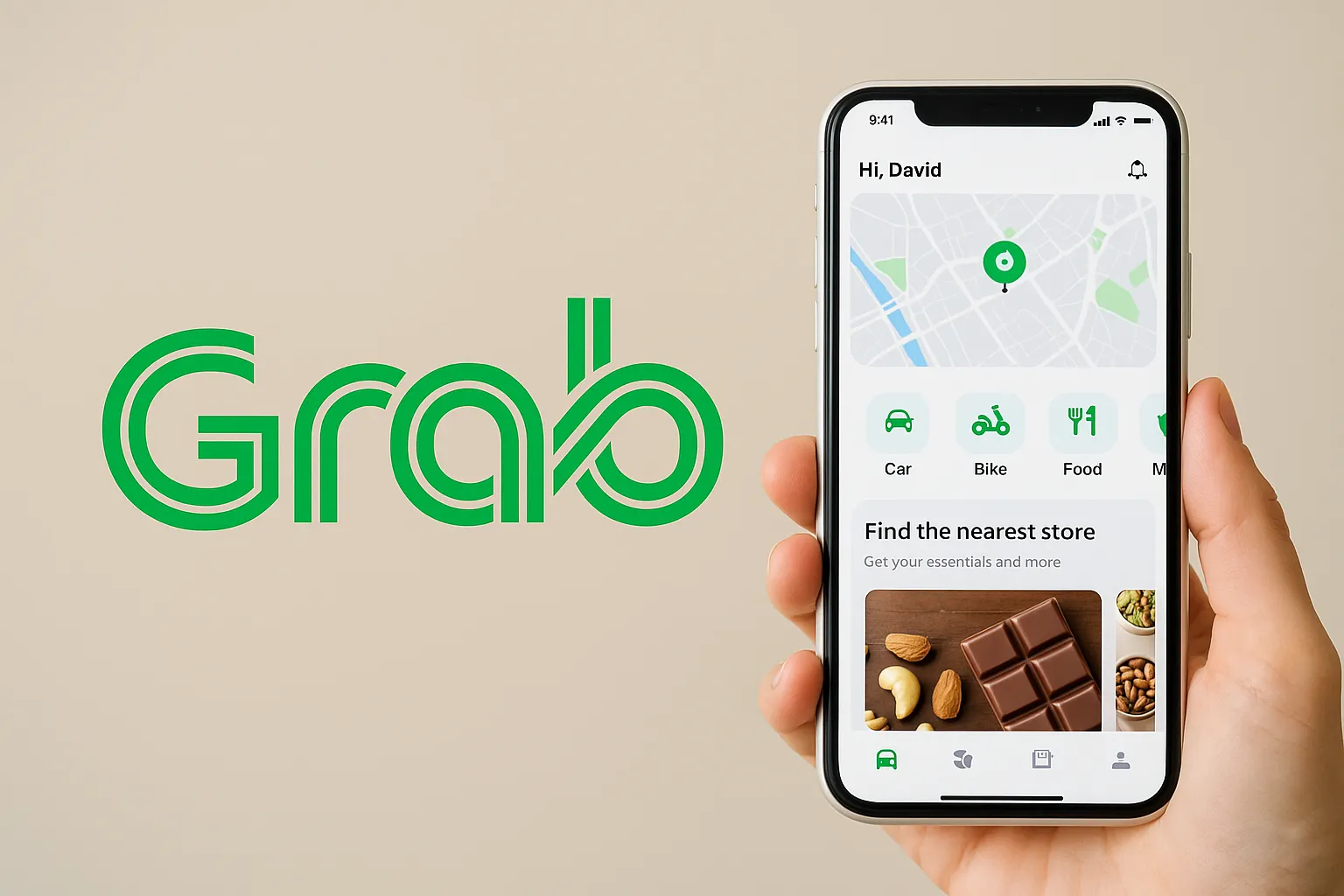 Grab app homepage interface displayed on a smartphone with Grab logo beside it