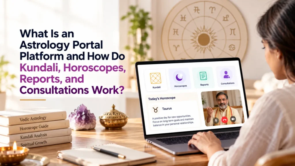 Woman using an astrology portal platform for Kundali, horoscopes, personalized reports, and online astrologer consultations.