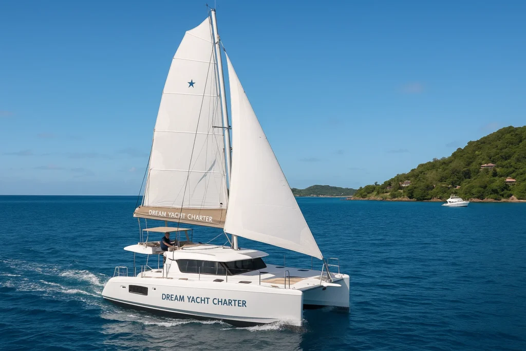Luxury catamaran yacht from Dream Yacht Charter sailing on blue ocean near tropical island, representing premium yacht rental experience.