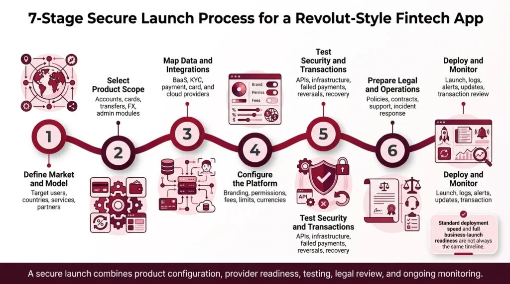 How Safe Is a White-Label Revolut app? Security Guide 2026 2 Seven-stage launch process for a secure Revolut-style fintech app, from market planning and integrations to testing, deployment, and monitoring.
