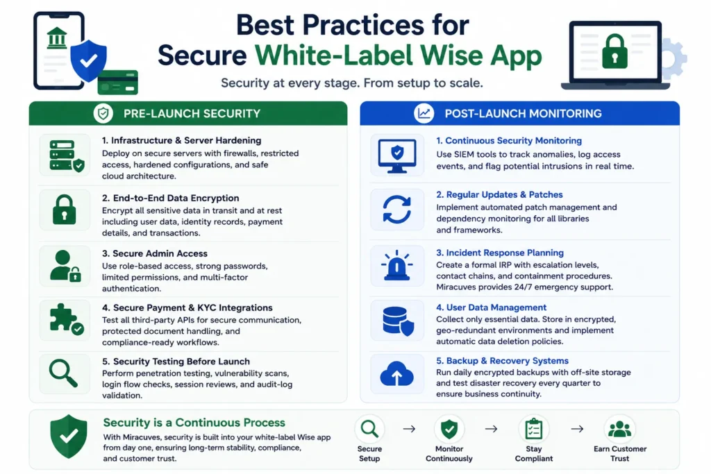 white-label Wise app best practices, comparing pre-launch security steps such as server hardening, data encryption, secure admin access, protected payment and KYC integrations, and security testing with post-launch monitoring, updates, incident response, data management, and backup recovery.