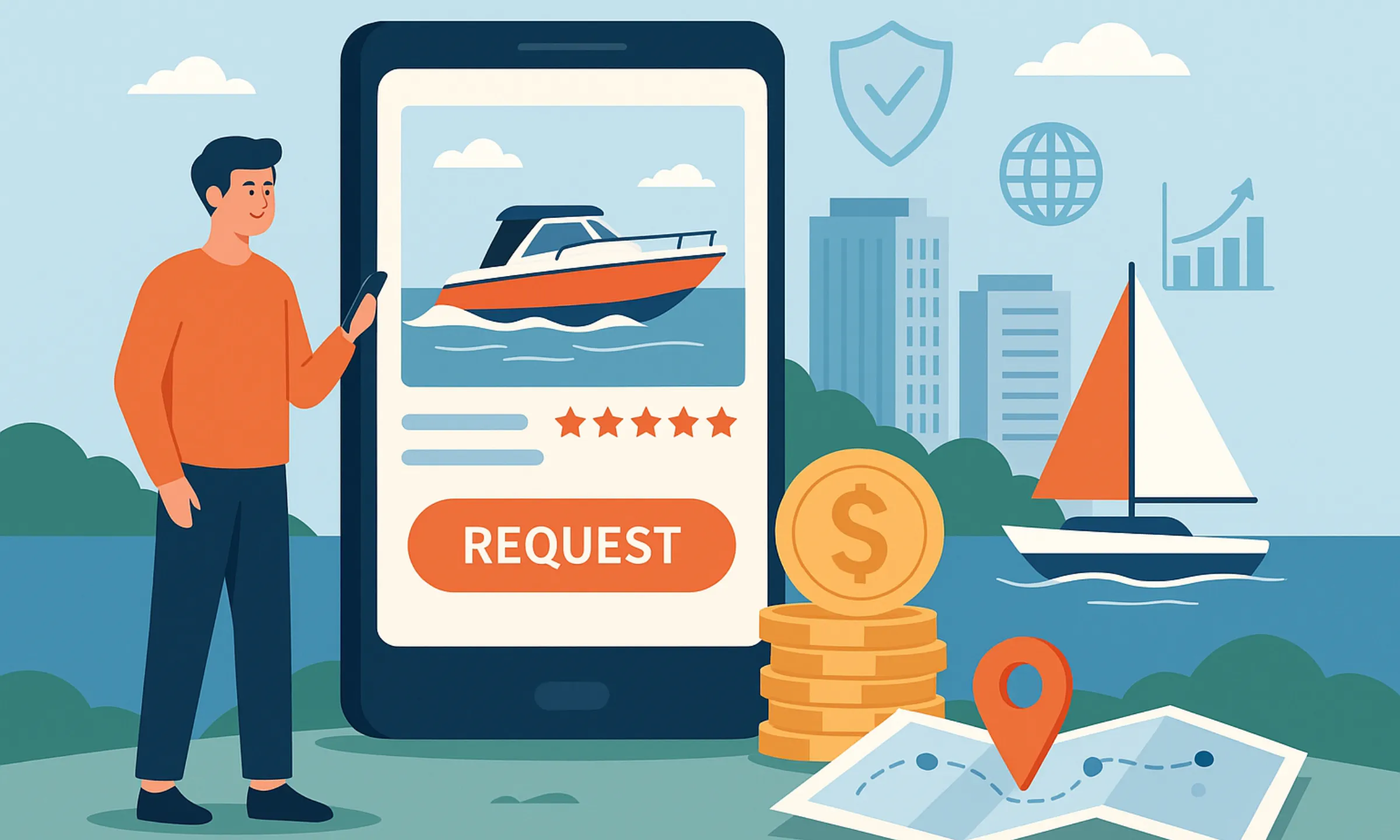 Illustration showing a man booking a boat rental through a mobile app with a sailboat, coins, and navigation map symbolizing the business model of GetMyBoat