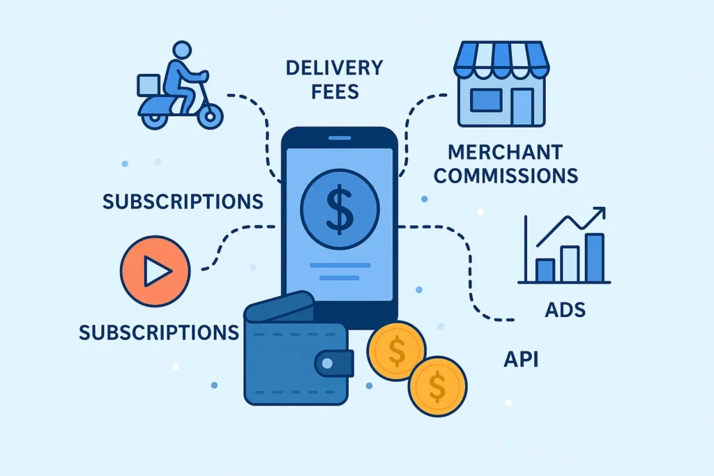 infographic showing Postmates revenue model with delivery fees, commissions, and ads