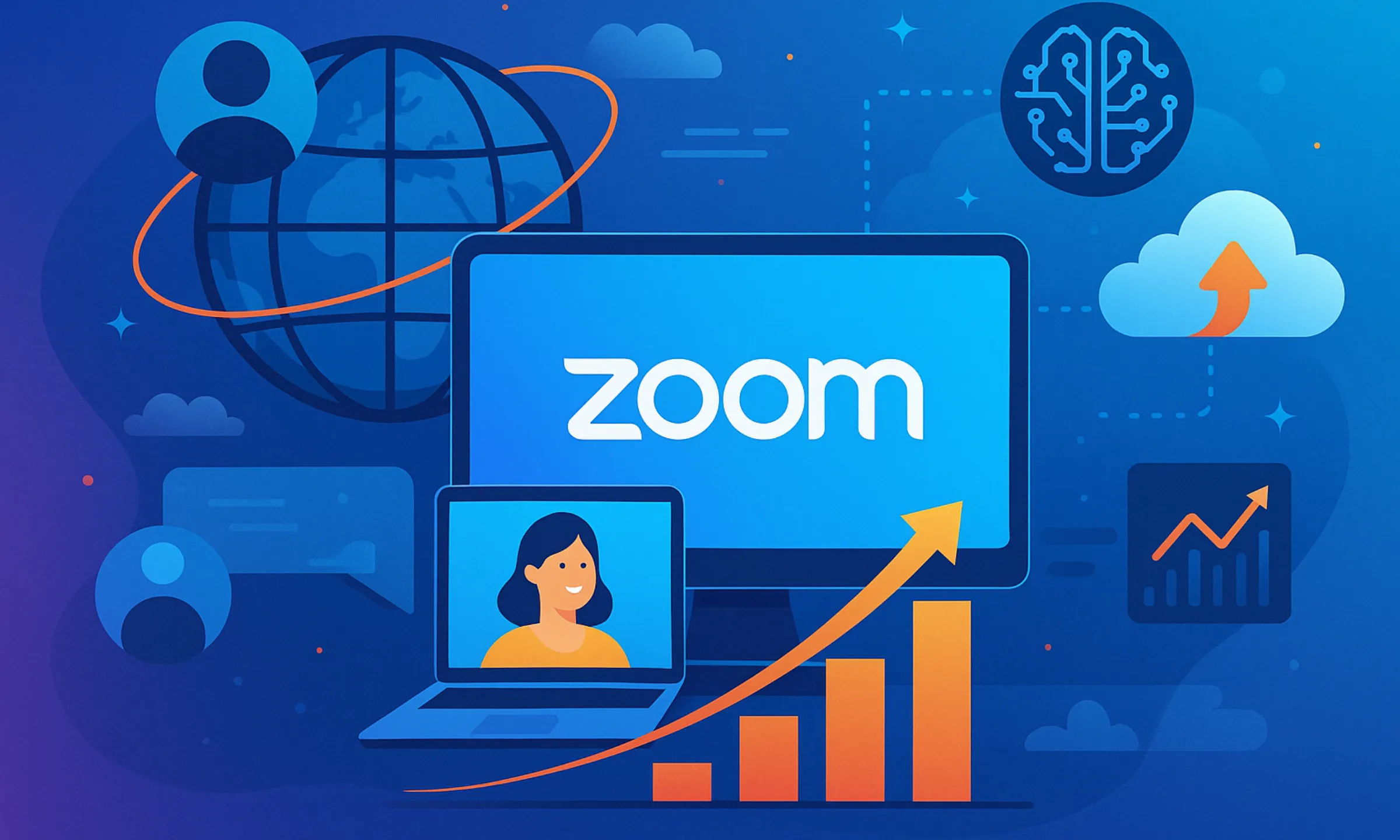 Illustration showing business model of zoom with global communication, AI integration, cloud connections, and digital growth elements.