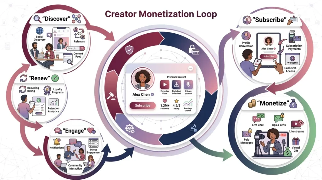 Creator monetization loop showing audience discovery, subscriptions, paid content, fan engagement, renewals, and platform safety controls