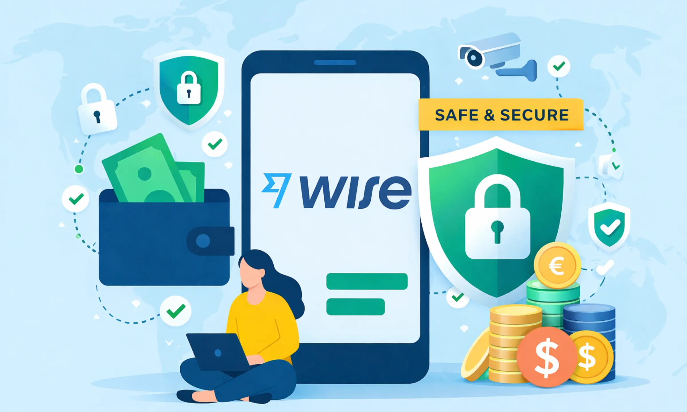Wise mobile app with security shield safe international money transfer and digital payment illustration