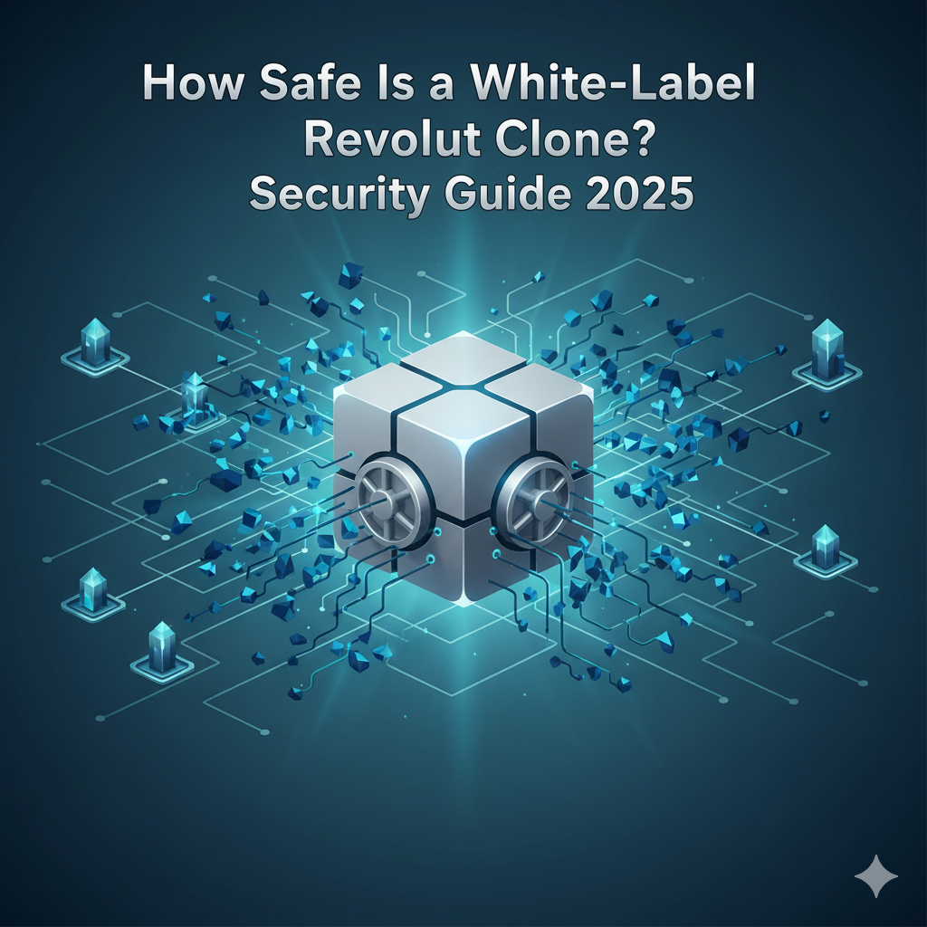 Futuristic digital illustration of a secure cube and data network symbolizing encryption and fintech safety for white-label Revolut clone apps