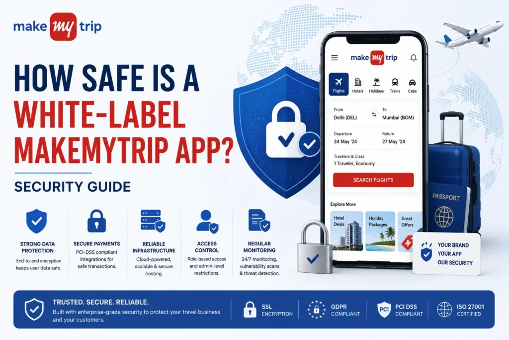 MakeMyTrip-inspired security feature image showing a travel booking app protected by a large security shield, highlighting secure authentication, encrypted payments, PCI-DSS compliance, cloud security, real-time monitoring, and user data protection in a clean blue-and-red corporate design.