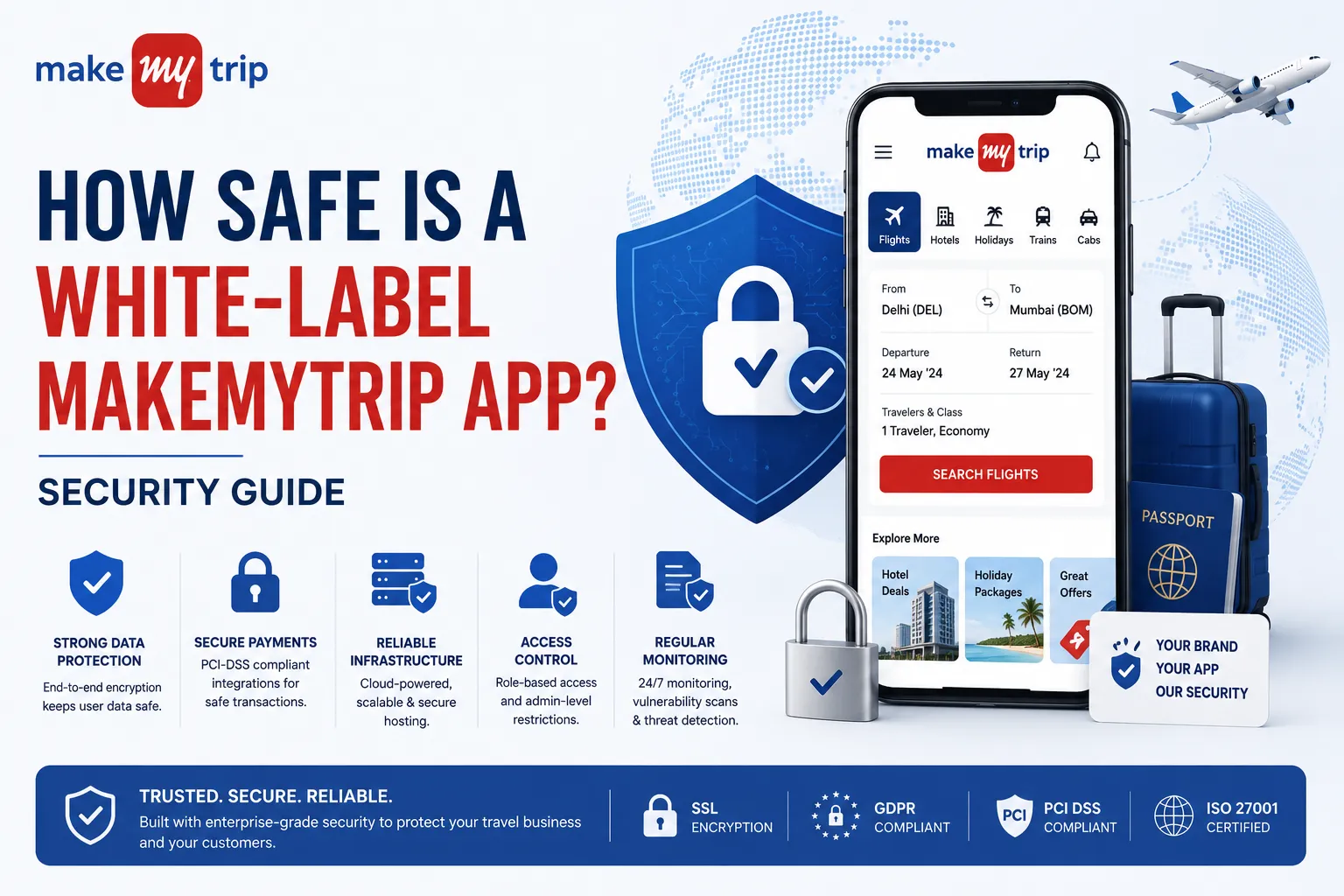 MakeMyTrip-inspired security feature image showing a travel booking app protected by a large security shield, highlighting secure authentication, encrypted payments, PCI-DSS compliance, cloud security, real-time monitoring, and user data protection in a clean blue-and-red corporate design.