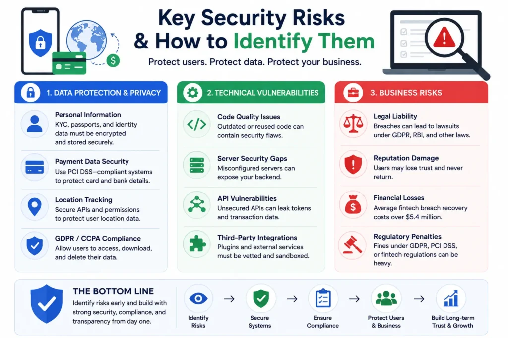 key fintech security risks across three areas: data protection and privacy, technical vulnerabilities, and business risks, with steps to identify risks, secure systems, ensure compliance, protect users, and build long-term trust.