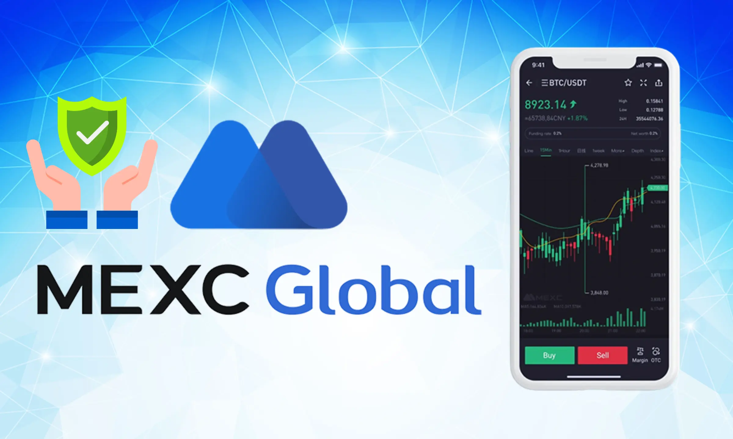 MEXC Global crypto trading app with security shield and BTC trading chart illustration