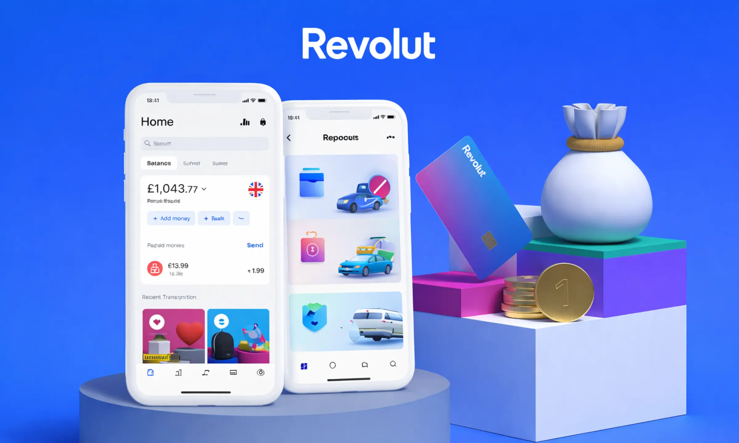 Revolut mobile banking app interface with credit card coins and money bag illustration