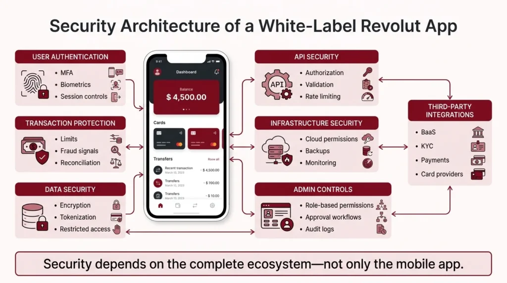 How Safe Is a White-Label Revolut app? Security Guide 2026 1 Security architecture of a white-label Revolut app covering authentication, APIs, transactions, data, admin controls, cloud infrastructure, and integrations.
