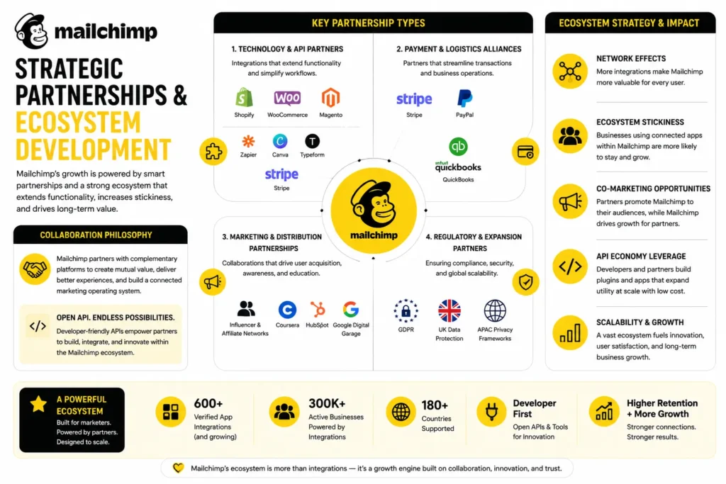 Business Model of Mailchimp : Complete Strategy Breakdown 2026 1 Mailchimp ecosystem development infographic illustrating strategic partnerships across technology integrations, payment providers, marketing platforms, developer APIs, and compliance networks. The visual highlights how Mailchimp expands functionality, increases customer retention, and drives growth through a connected marketing ecosystem.