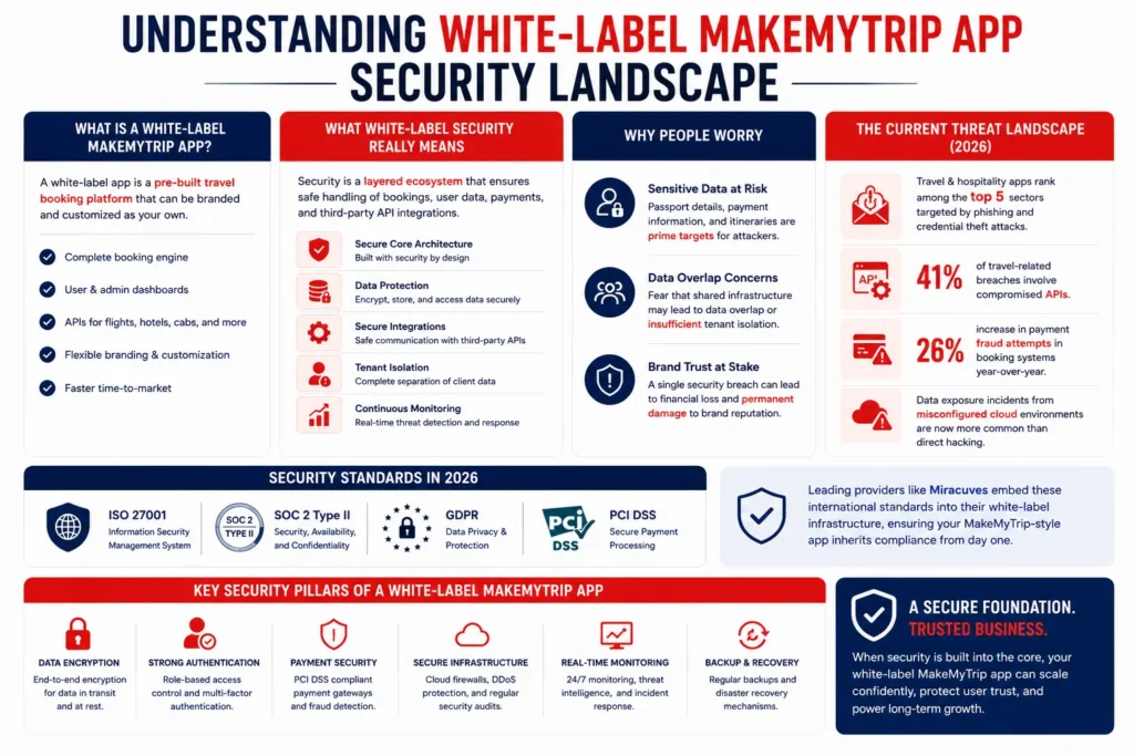 How Safe Is a White-Label MakeMyTrip App? Security Guide 1 Informative infographic explaining the white-label MakeMyTrip app security landscape, covering data protection, secure architecture, API security, tenant isolation, compliance standards, threat monitoring, and key travel-app cybersecurity risks in a clean blue-and-red corporate layout.
