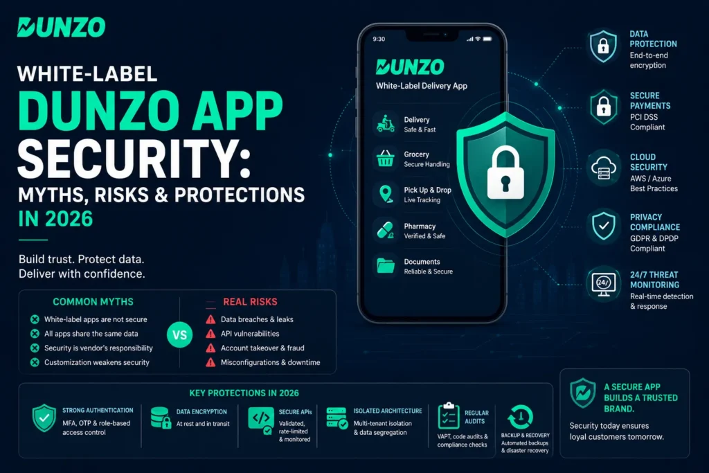 Dunzo-inspired security feature image highlighting myths, risks, and protections of a white-label delivery app. The design features security shields, encrypted data flow, secure payments, cloud protection, privacy compliance, threat monitoring, and authentication controls in a modern green-and-dark corporate theme.