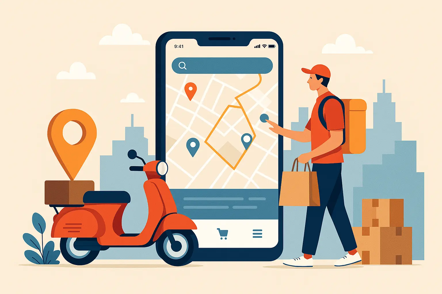 Delivery person using Postmates Clone Script on smartphone with route map and scooter in city background.