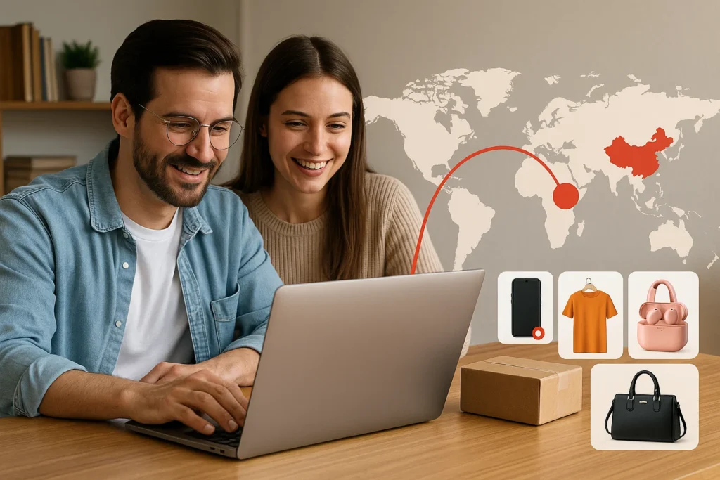 Couple shopping on laptop for AliExpress products with global delivery from China