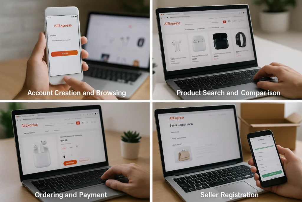 AliExpress shopping process showing account creation, product search, ordering, and seller registration.
