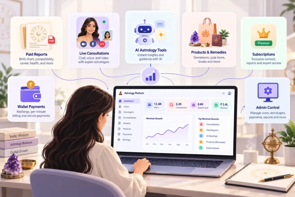 Astrology platform revenue streams including paid reports, live consultations, AI astrology tools, products, subscriptions, and wallet payments.